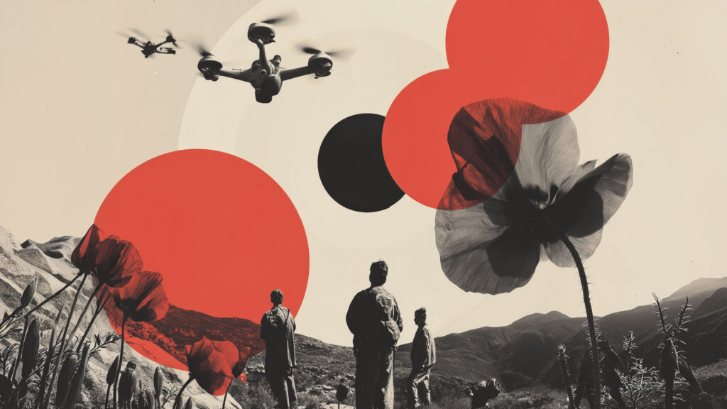 anachoretique_army_drones_in_a_circle_pointing_toward_poppies_a_a11fcdd3-e08d-4826-819a-27657512e9ed-topaz