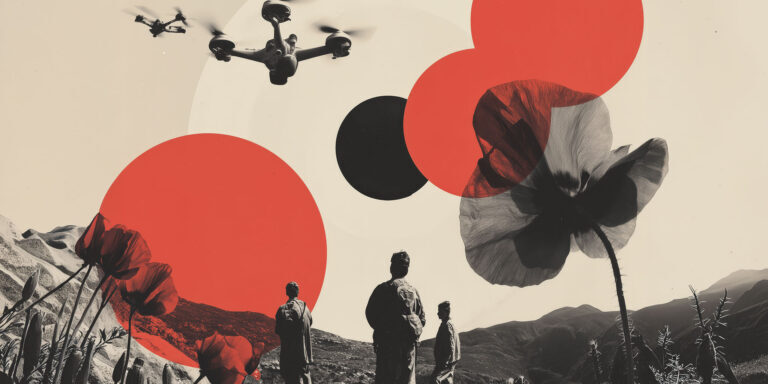 anachoretique_army_drones_in_a_circle_pointing_toward_poppies_a_a11fcdd3-e08d-4826-819a-27657512e9ed-topaz